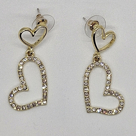 Double Heart Rhinestone Drop Earring Gold Tone S925 Post - Picture 9 of 14